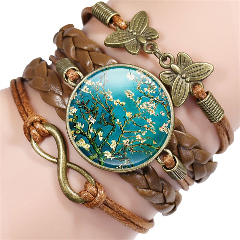 European and American genuine leather vintage handmade bracelet butterfly 8 words van Gogh oil painting crystal bracelet multi-layer combination bracelet jewelry