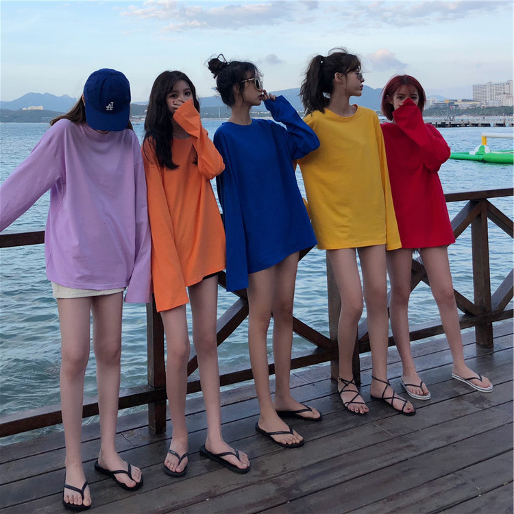 Foreign Trade Color Sisters Candy Color T-shirt Women's Loose Korean Base Shirt Women's Long Solid Color Long Sleeve Top Foreign Trade Color Sisters Candy Color T-shirt Women's Loose Korean Base Shirt Women's Long Solid Color Long Sleeve Top