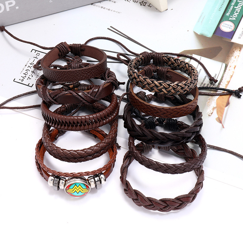 New Fashion Hand-woven Retro Cowhide Combination 10-piece Leather Bracelet display picture 2
