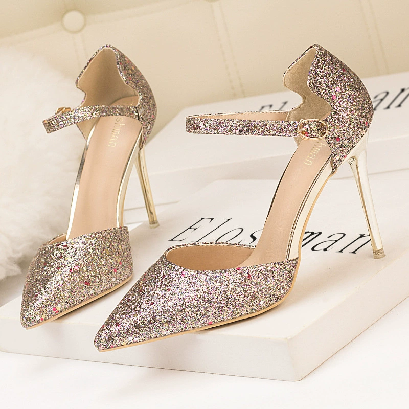 9219-77 Европейский и американский стиль сексуальные туфли на высоком каблуке с низким ртом заостренные блестящие полые сандалии