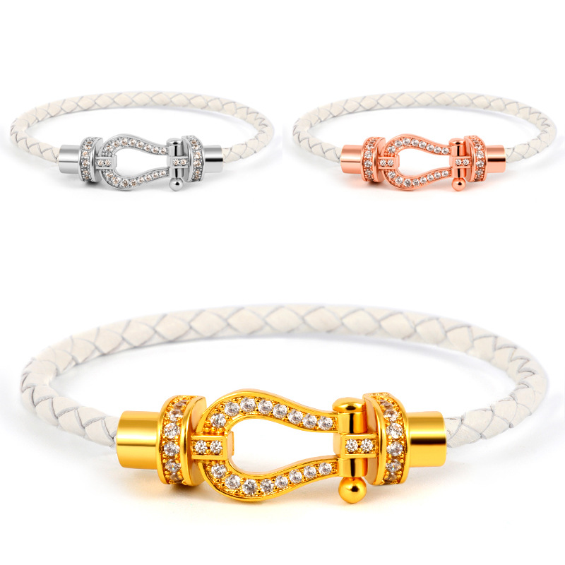 18K Gold Plated Plating Material Zircon Inlay Material Simple Style Commute Horseshoe Zircon Leather Rope Copper Wholesale Bangle