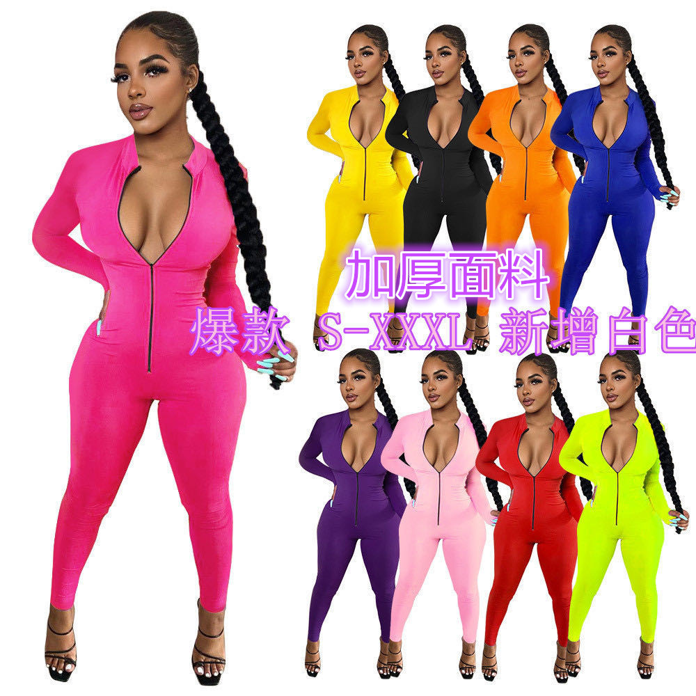 European and American Women's Solid Color Long-Sleeved Slim Sexy Zipper Jumpsuit