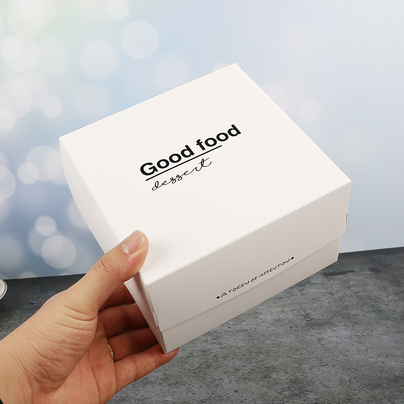 Tarjeta blanca dorado postre francés merienda caja helado taza caja de embalaje punto occidental corte pastel de queso para hornear