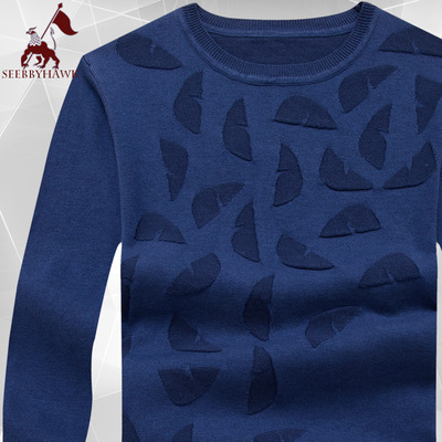 品牌高端纯色羊毛针织男式长袖T恤大码宽松圆领提花长袖T恤男外贸|ms