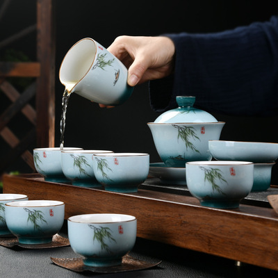 天青色茶具套裝 中式伴手禮整套功夫茶具 漸變蓋碗家居禮品禮盒裝