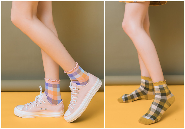 Spring And Summer New Women's Socks Cotton Korean Plaid Wood Ears Medium Tube Socks British Style Checkered Women Wholesale Nihaojewelry display picture 9