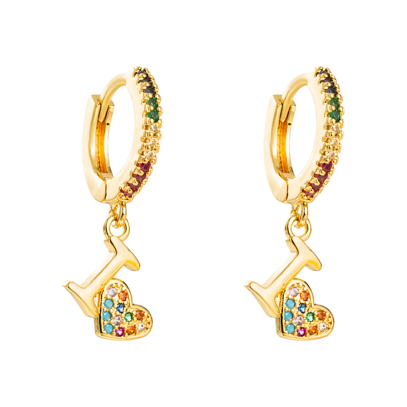 Boucles D&#39;oreilles Géométriques En Forme De Coeur Arc-en-ciel Boucles D&#39;oreilles En Cuivre Micro-incrustées De Lettres En Zircon En Gros display picture 6