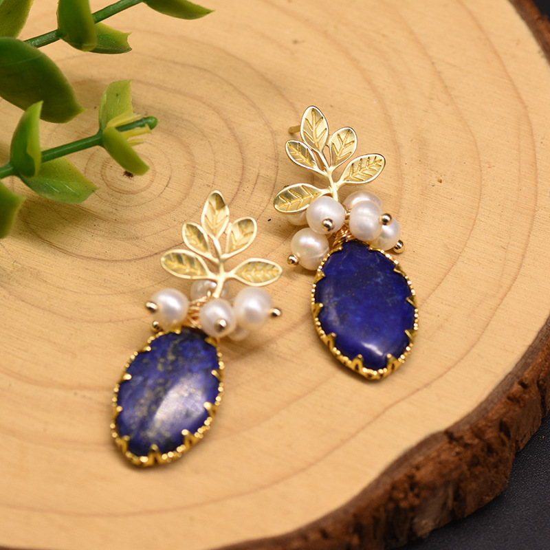 Ethnic Style Leaf Water Droplets Natural Stone Pearl Sterling Silver Drop Earrings 1 Pair display picture 3