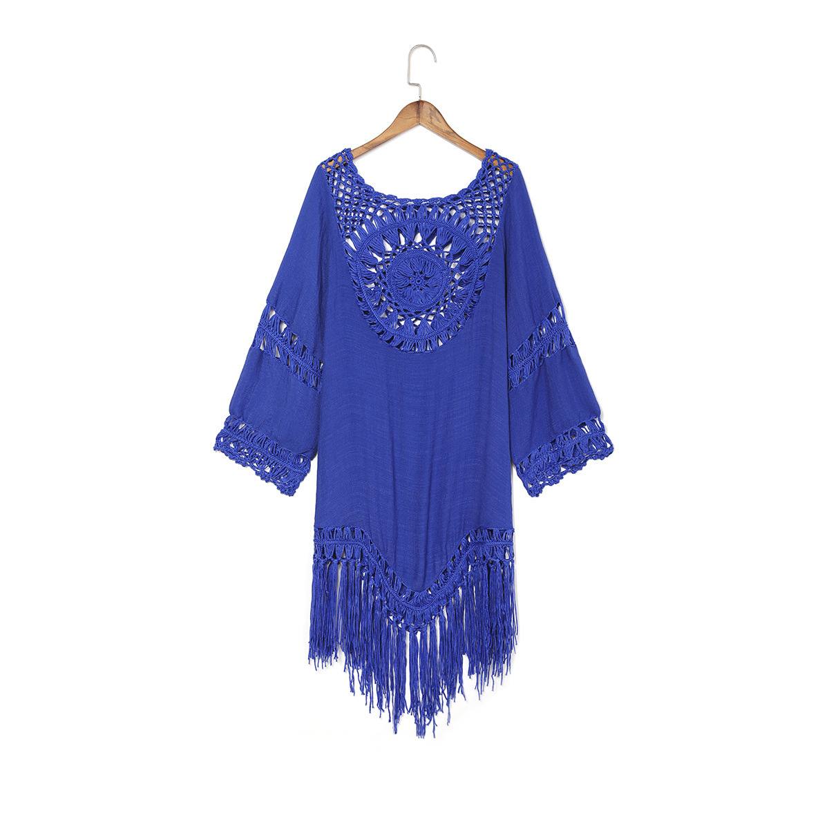 Solid Color Stitching Tassel Loose Beach Sunscreen Blouse NSOY26736