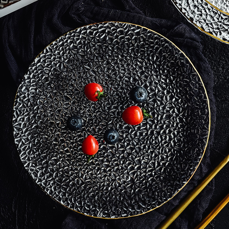 浮雕餐具描金玻璃盘子客厅水果盘家用点心餐盘创意凉菜盘沙拉平盘