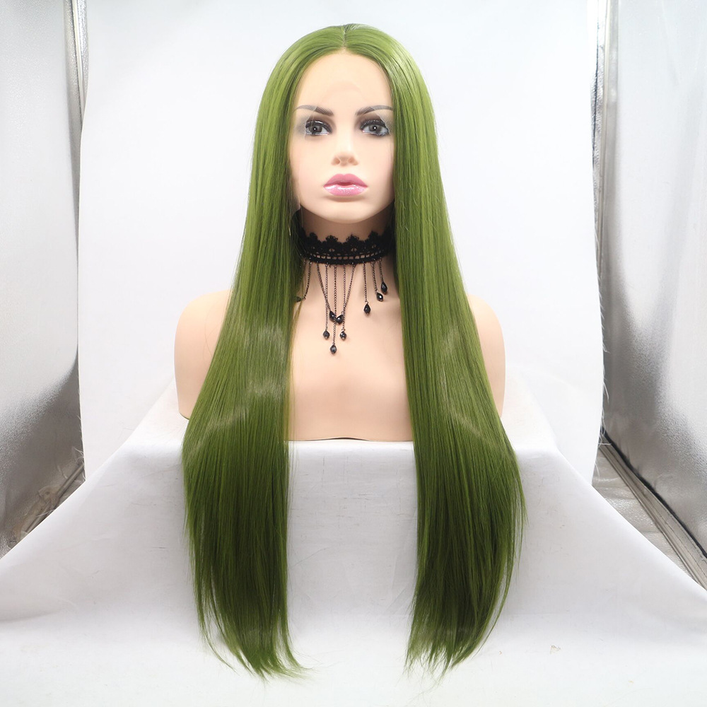 Peluca de fibra química de moda europea y americana, cabello largo verde, cabello lacio, casco de seda de alta temperatura al por mayor