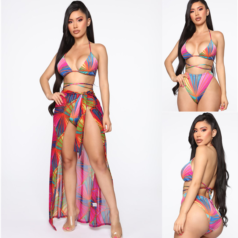 New Style Swimsuit European And American Bikini Color Printing Belt Waisha Bikini Sexy Swimwear