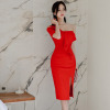 New off shoulder Ruffle stitching style split buttock dress