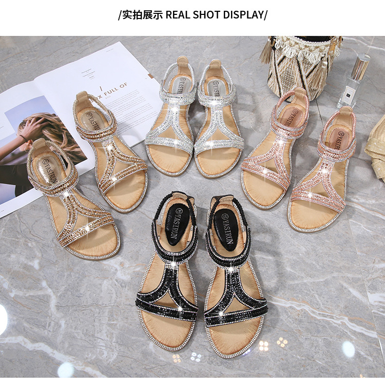 2025 New cross-border sandals Bohemian-style women's shoes summer hollowed-out flat diamond sandals Womanshoes undefined