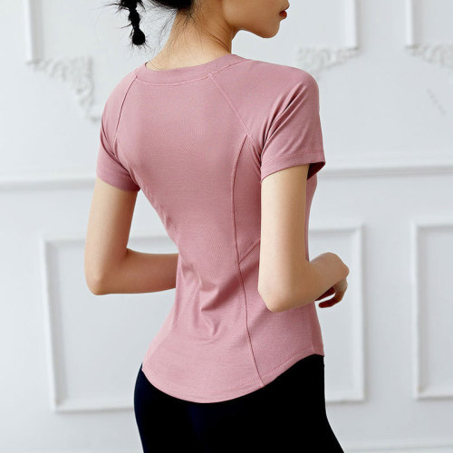 Summer new cross-border solid color round neck high elastic T-shirt long sleeve shirt European and American high elastic sports fitness clothing yoga wear for women