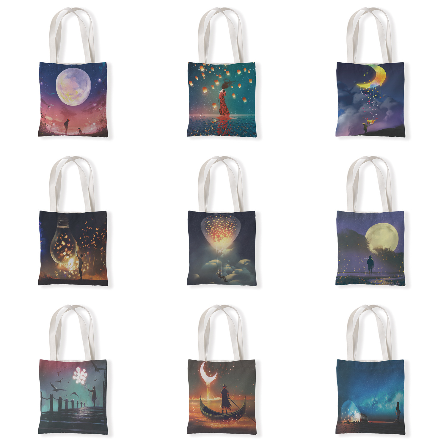 夜景小清新帆布单肩袋百搭包学生手拎包休闲零钱袋环保购物袋