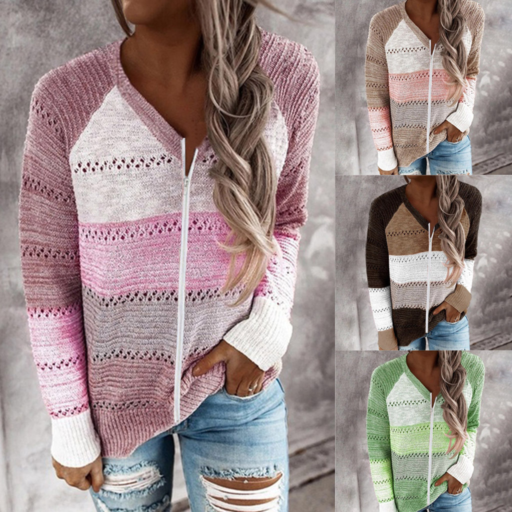 new autumn and winter V-neck long-sleeved zipper color matching sweater top  NSYF826