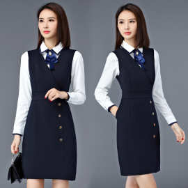 职业装 女 秋冬新款时尚OL修身白衬衣马甲裙两件套工作服女装套装