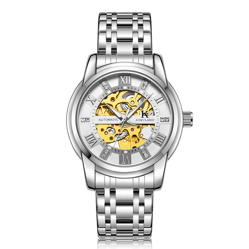 Ogulas AOKULASIC hombres correa de acero reloj mecánico automático hueco volante negocio reloj 5066