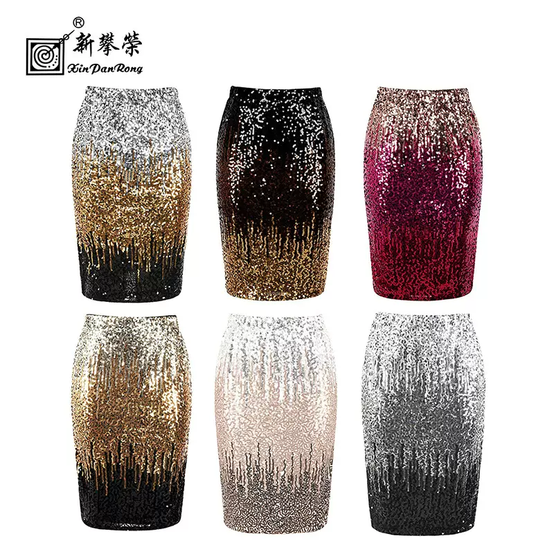 跨境新款女中长款高腰亮片渐变色半身裙闪亮铅笔裙派对鸡尾酒会裙
