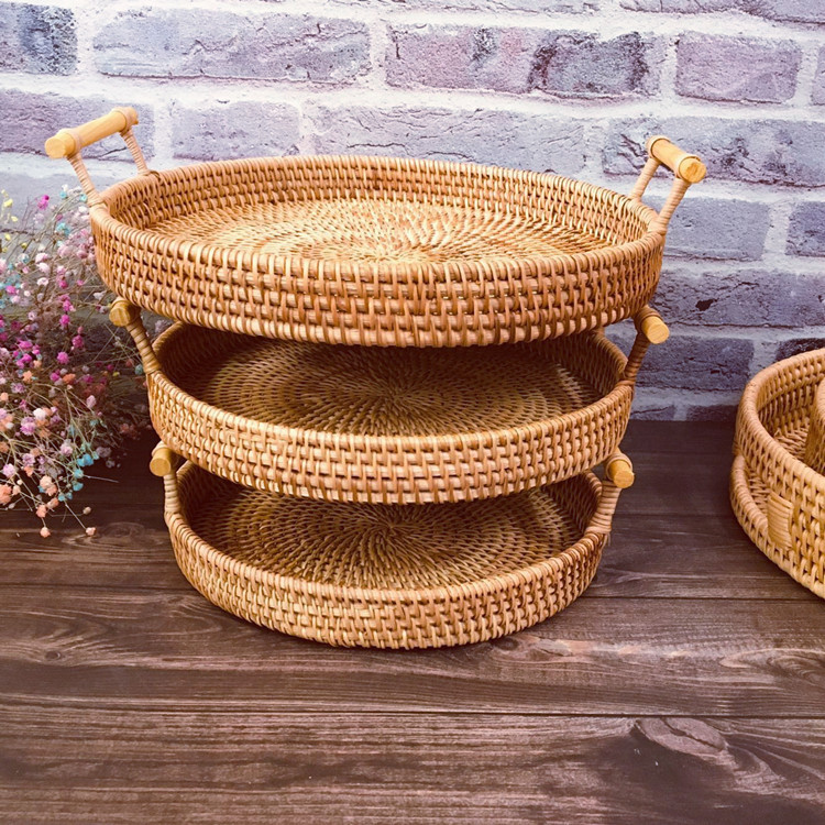 Vietnamese Rattan Bread Storage Basket Woven Storage Basket Snack Fruit Basket Round Tray Picnic Basket Rattan Storage Basket