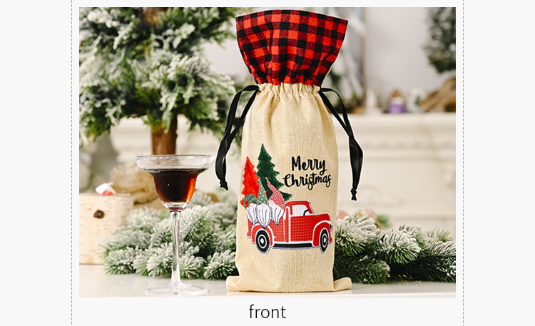 Christmas Linen Wine Bottle Cover Red Flower Wine Cover Lattice Car Wine Bottle Bag display picture 3