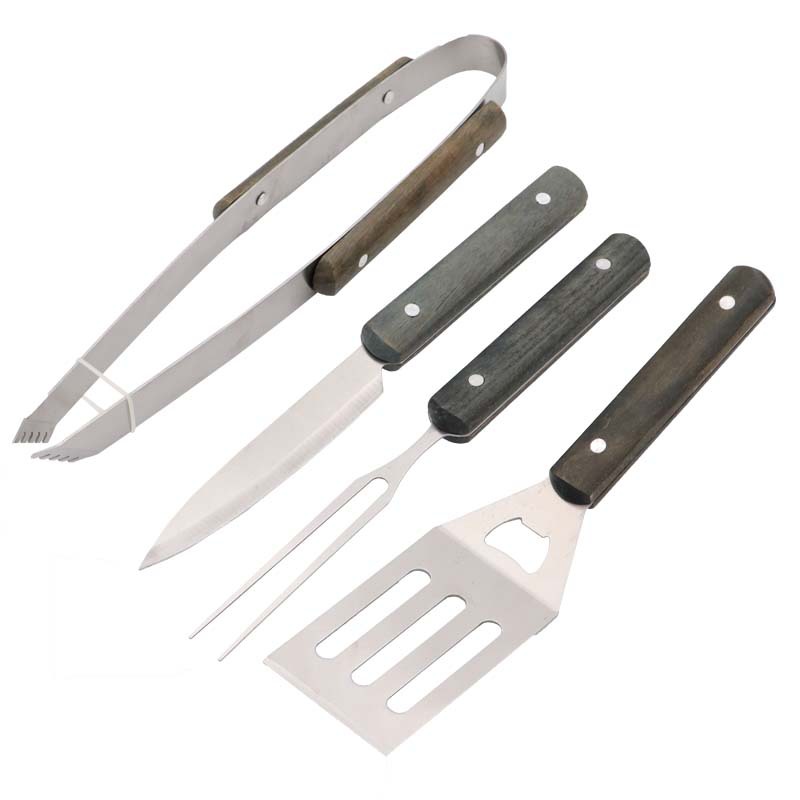 Directo de fábrica de madera mango Parrilla de BBQ4-piece traje de tela bolsa de acero inoxidable herramientas de barbacoa al aire libre traje de combinación