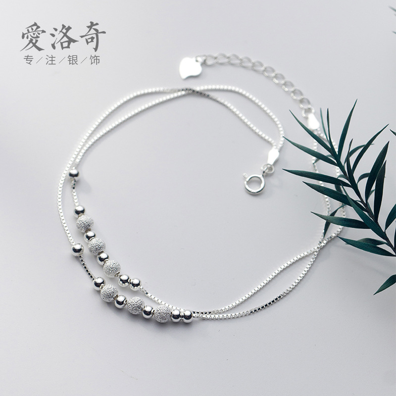 Eloch s925 plata coreana simple esmerizado pulsera de tobillas femenina doble capa de plata frijoles pie artístico joyas S3784