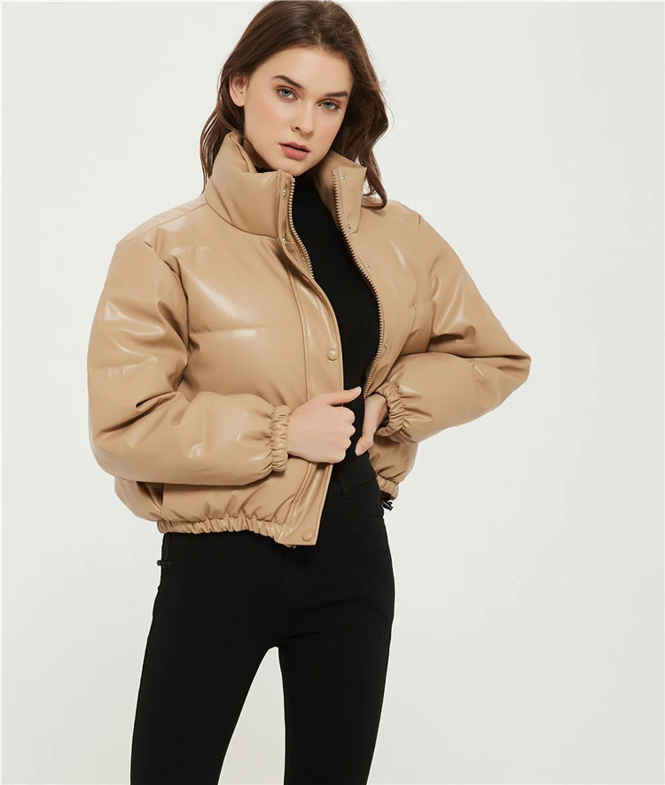 Damenbekleidung lässig einfarbig einfache Leder Baumwollkleidung für Damen Winter neue kleine Stehkragen Pu-Jacke_voghion.com