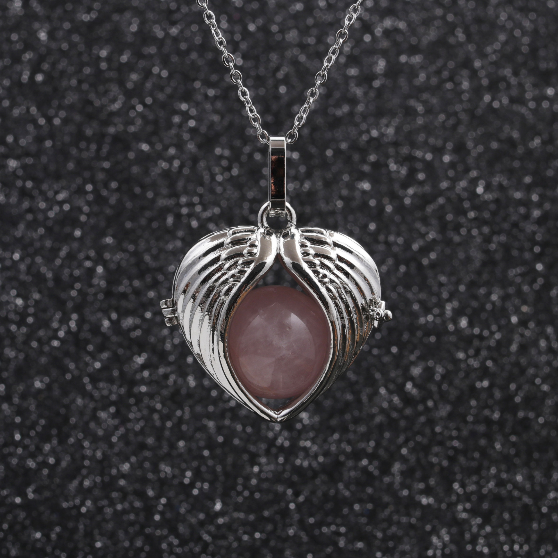 sweater chain stainless steel angel wings round bead pendant necklace