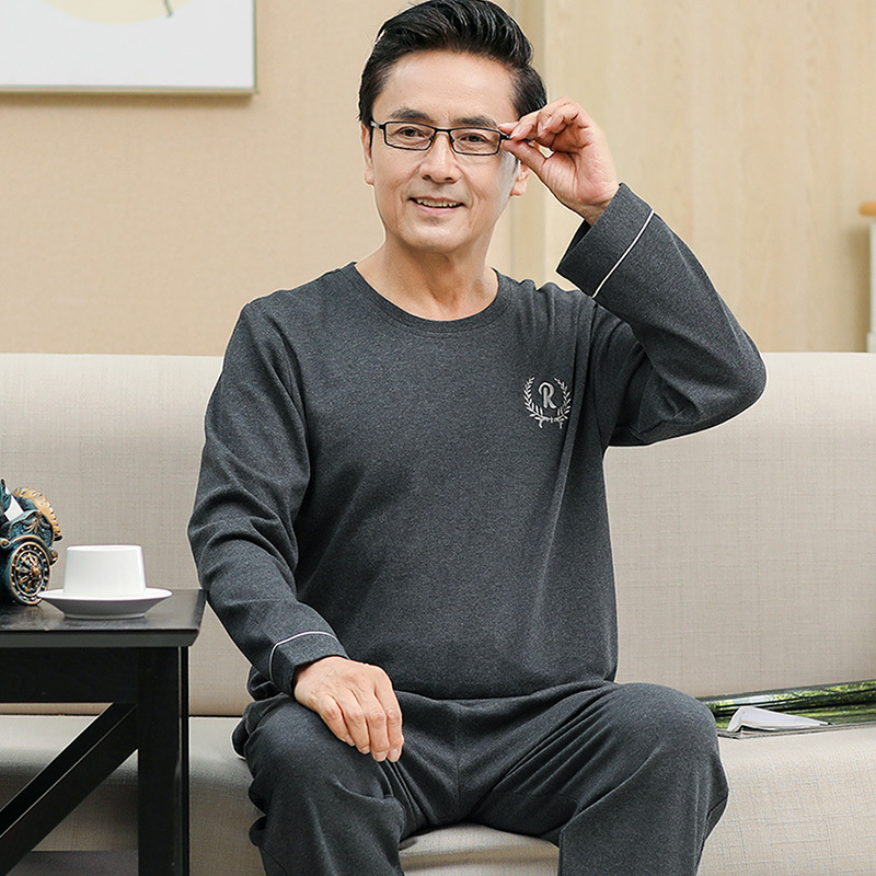 春秋新款中老年爸爸睡衣男长袖套头纯棉休闲家居服中年纯色男套装|ms