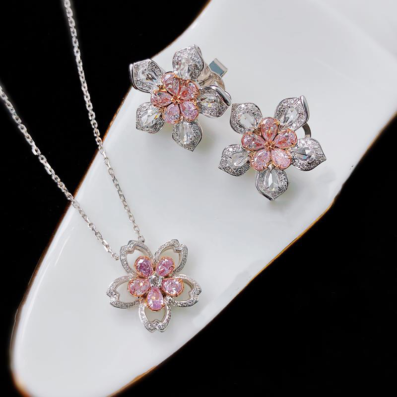 Tiktok transmisión en vivo 2021 primavera flor de cerezo diamante completo traje de diamante rosa de cinco flores anillo abierto colgante pendientes Collar para mujeres