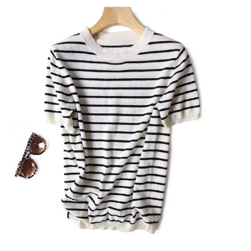 Кашемировый базовый свитер для отдыха, slim fit, с коротким рукавом, корейский стиль