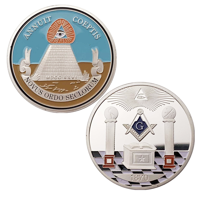 欧洲共济会兄弟天眼镀银彩绘纪念章 币冥想天眼硬币纪念币
