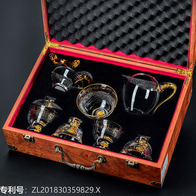 Golden Peony Glass tea set suit Gift box high-grade household Mid-Autumn Festival gift customized crystal Glass Gold Decal