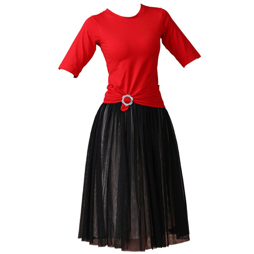 Summer and Autumn Middle-Aged and Elderly Dance Dancewear Dress Sets Square Dance Clothing New Set Short Sleeve Medium Length Net Skirt Set