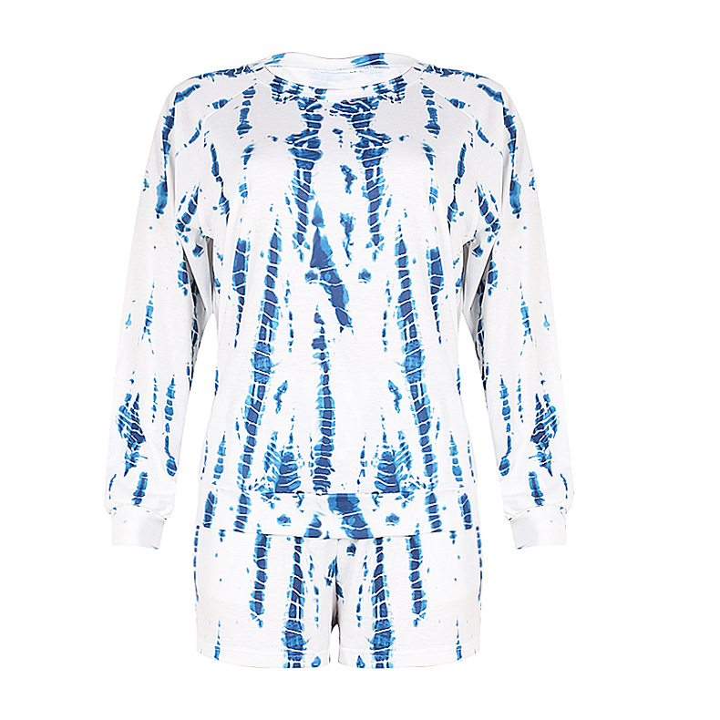 new women's tie-dye printing casual long-sleeved shorts suit home service NSKX5978