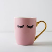 粉色眼睫毛描金手柄陶瓷杯帶蓋勺logo大容量手繪馬克杯禮品促銷杯