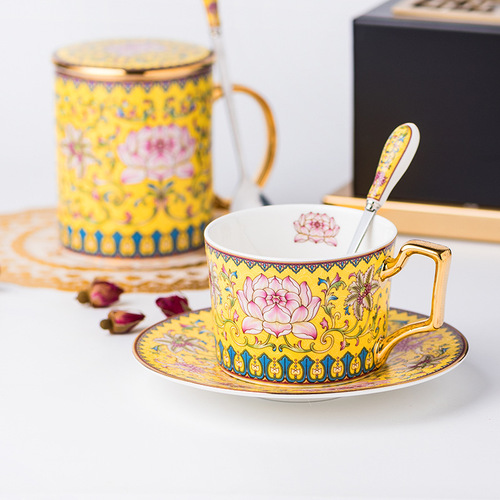 New Chinese-style court imperial porcelain enameled coffee cup and saucer with lotus pattern, bone china coffee mug, flower tea cup and saucer