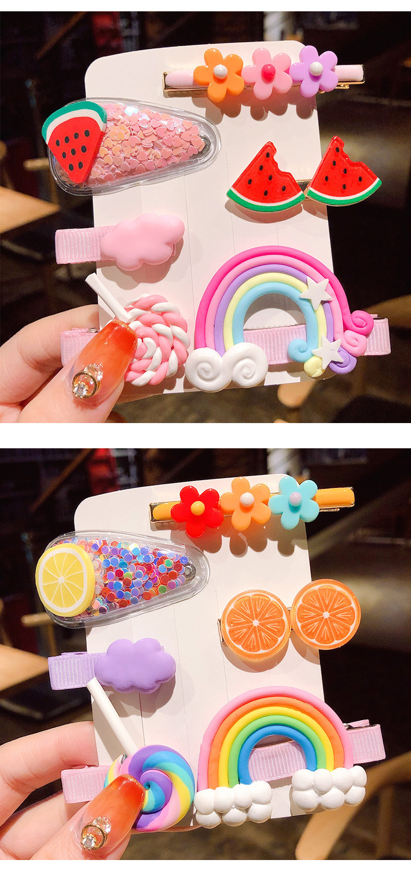 Korean Cartoon Children Hair Clip Set Cute Girl Rainbow Fruit Lollipop Hairpin Set  Wholesale display picture 6