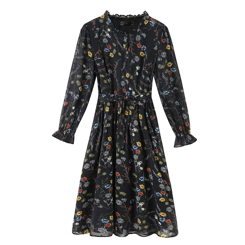 Весна 2023 женское шифоновое платье больших размеров с длинным рукавом и ромашками, шифоновое платье средней длины с узкой талией и цветочным принтом