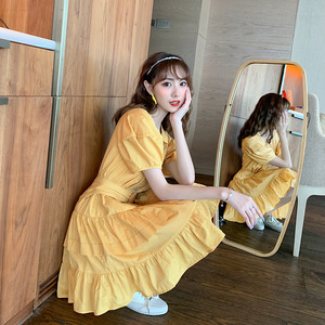 韩国东大门女装2020夏季新款淡黄色荷叶边a字大摆拼接显瘦连衣裙