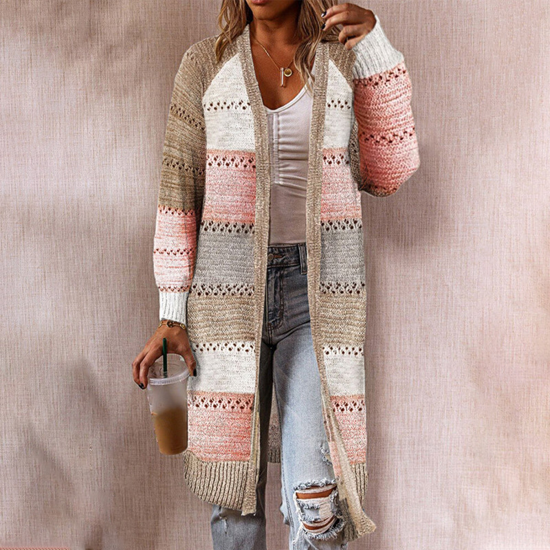 loose contrast color stitching mid-length long-sleeved knitted sweater cardigan nihaostyles wholesale clothing NSGYX84440