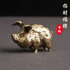 黃銅做舊十二生肖豬仿真迷你小擺件實心小野豬個性汽車鑰匙扣掛件