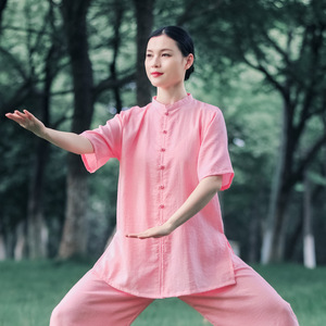  Tai chi clothing for women and men tai chi suit  kung fu uniforms wushu performance suit female elegant practice martial art clothes cotton and linen with short sleeves