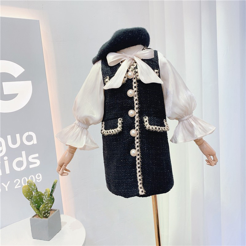 Children's 2020 Autumn New Girls' Pseudo Two-Piece Sleeve Plaid Coat Jacket Retro Large Pearl Buttons 5971