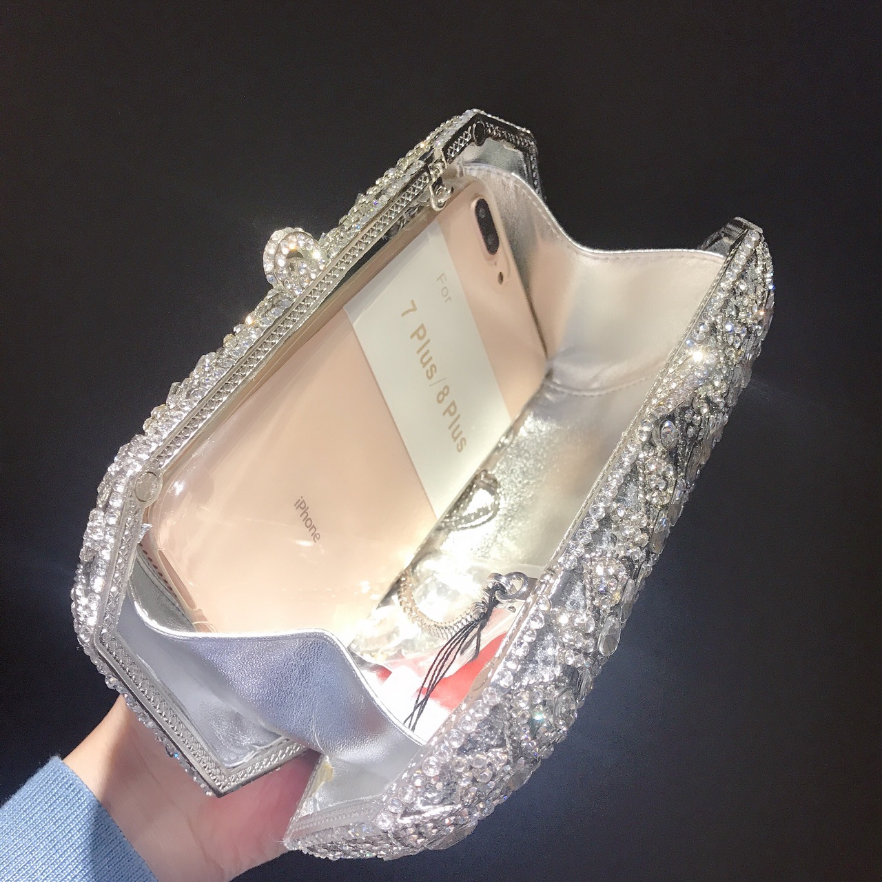 Túi clutch dạ tiệc hình vuông đính đá rhinestone phong cách Âu Mỹ — Màu Xanh Cỏ chi tiết 11