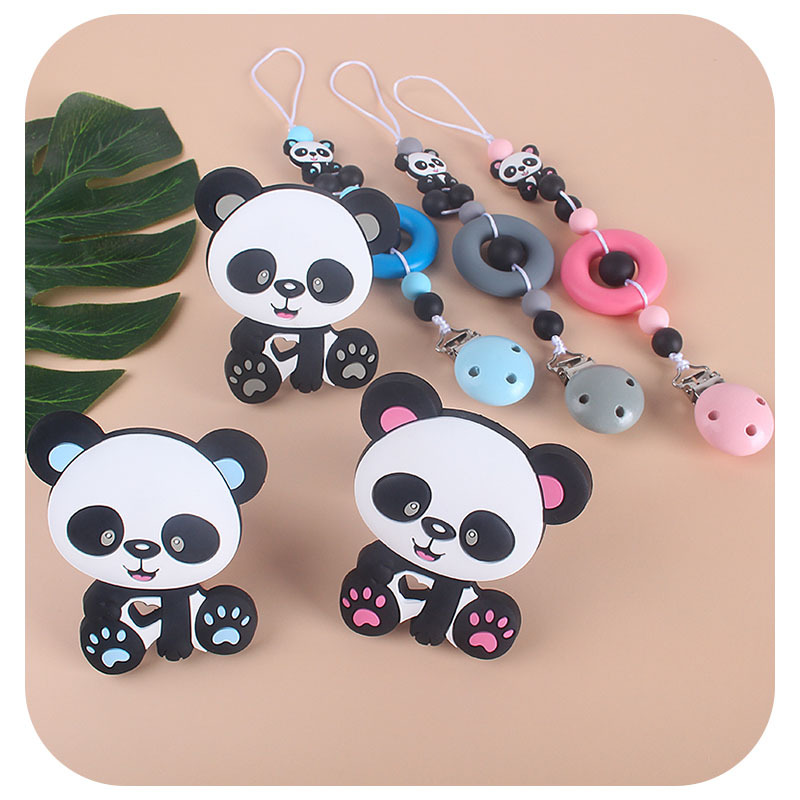 Bebé mordedor juguete mordedor palo Panda de silicona chupete cadena anti-caída de la cadena Amazon caliente mordedor traje
