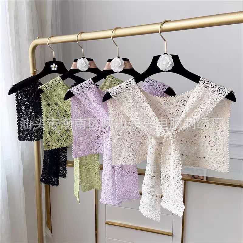 披肩围巾方领气质时尚小清新棉线打结甜美镂空钩花蕾丝装饰小披肩