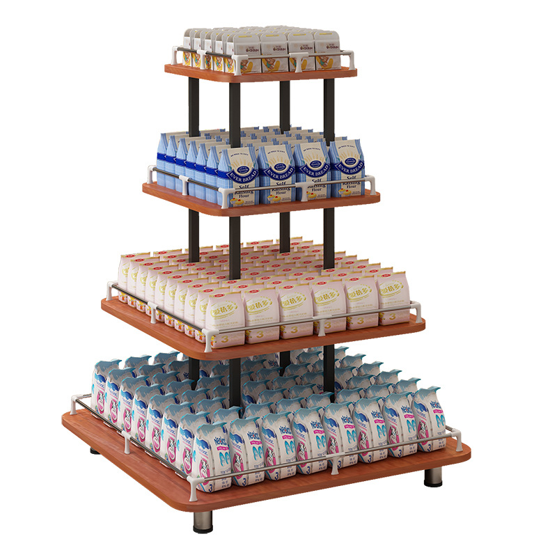 木质超市堆头便利店产品展示柜陈列柜钢木结构药店货架中岛柜货柜